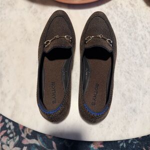 Rothy's Brown Knit Loafers with Blue Trim and Gold Bit